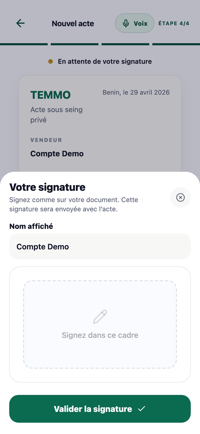 Capture Temmo pour signer un document
